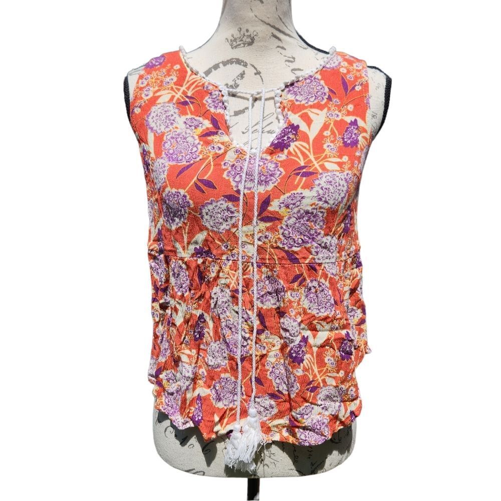 Miss Me -212 Floral Sleeveless‎ top red coral boho blouse Small